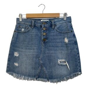 JBD | Womens Denim Mini Skirt | Distressed | Pockets | Stretch | Button Fly | S